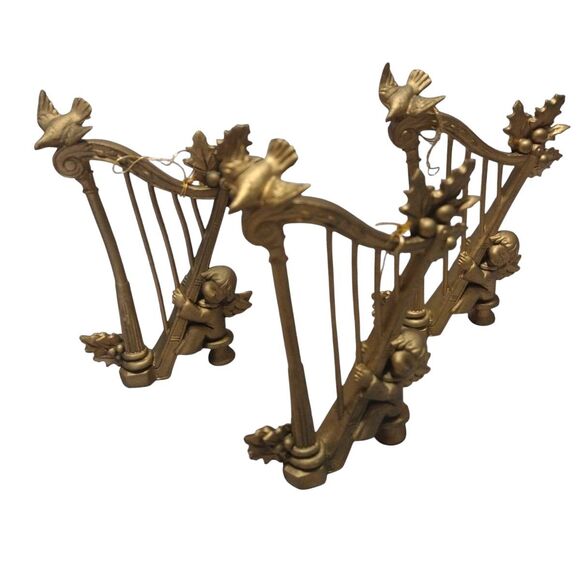 Vintage Angel Cherub Playing Harp Gold Plastic Christmas Ornaments ITALY 3x Lot - Picture 6 of 9